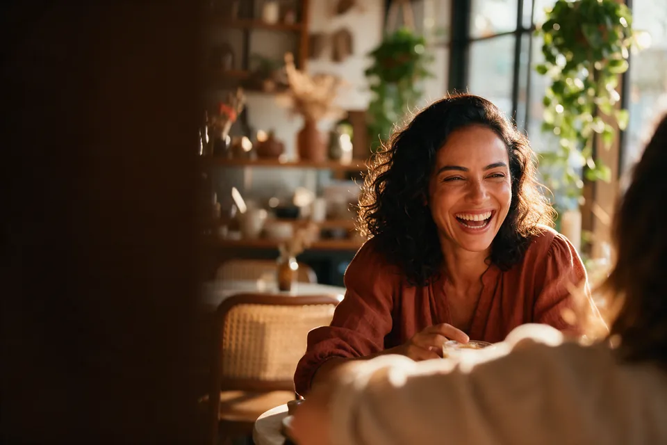 Mulher de cerca de 40 anos, de cabelo cacheado, ri à vontade numa conversa com uma amiga, com uma xícara de café nas mãos